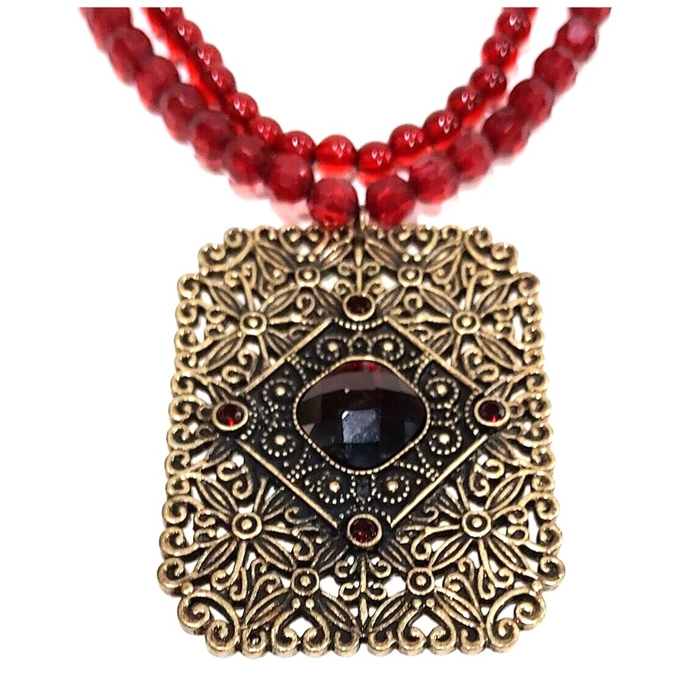 Necklace - Boho Faux Garnet Beads with Pendant
